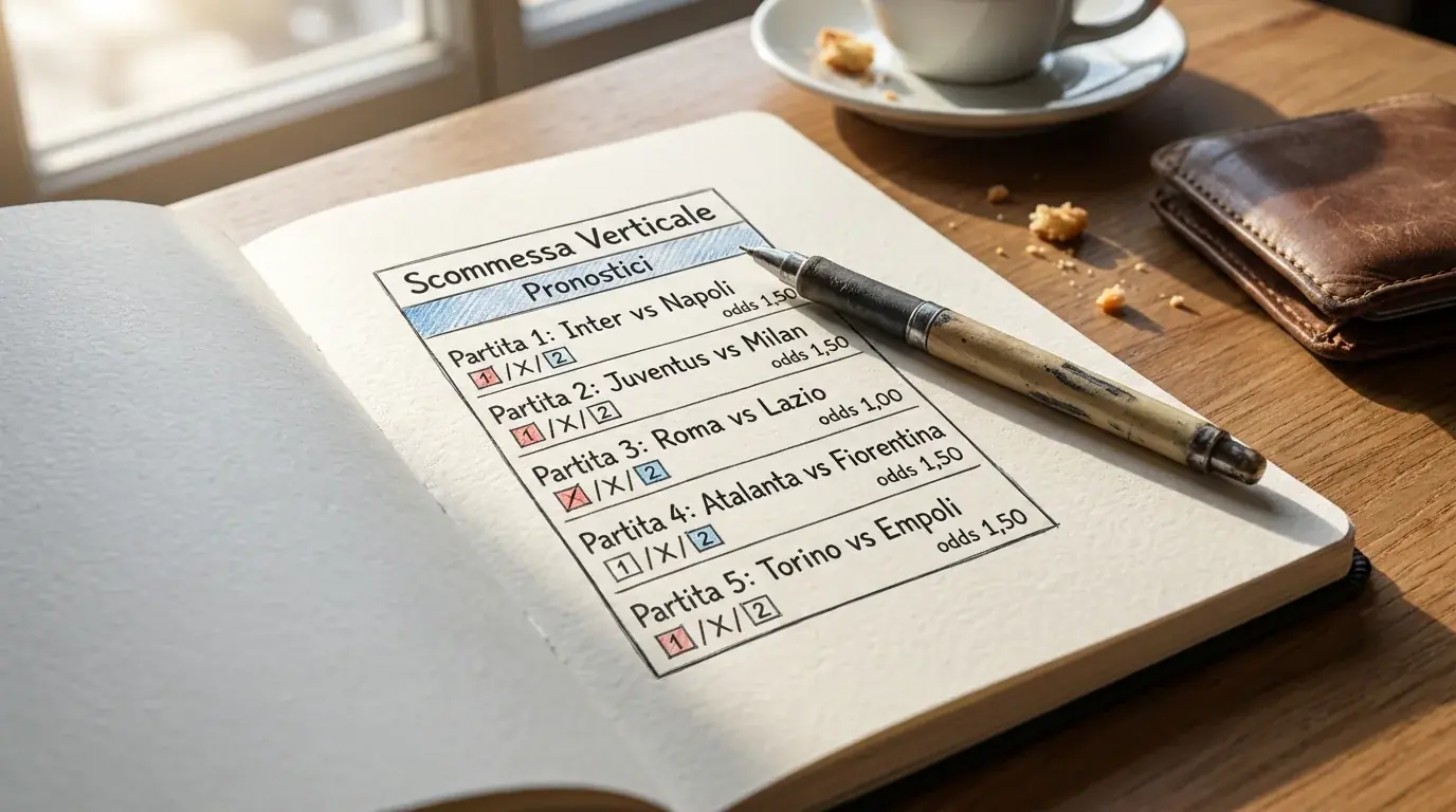 Diagramma stilizzato di una schedina multipla con diverse selezioni di calcio