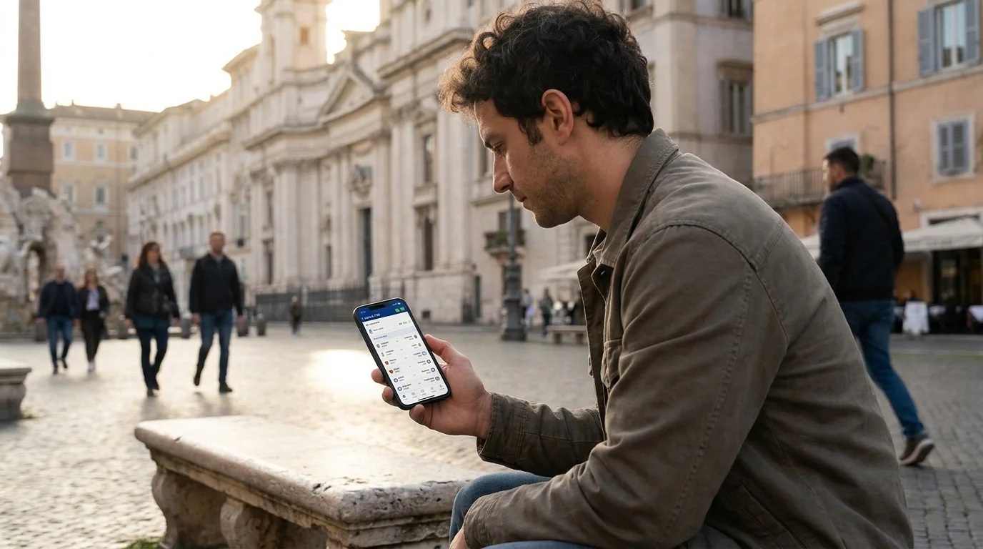 Tifoso italiano che piazza una scommessa calcio dall'app mobile durante una partita di Serie A