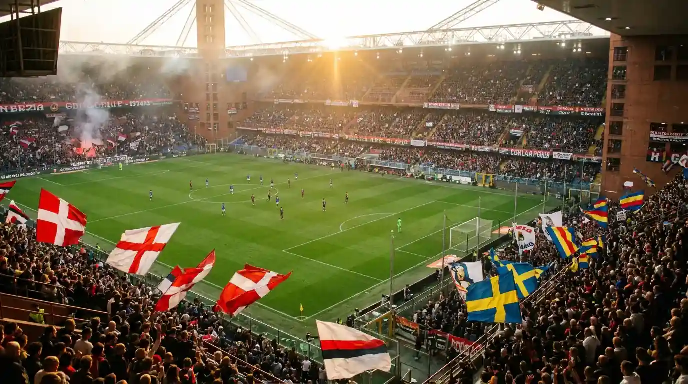 Stadio italiano di Serie A pieno di tifosi durante una partita di campionato
