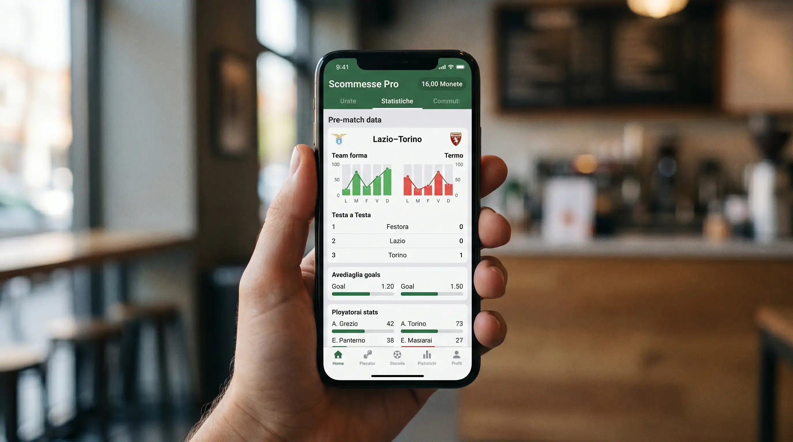 Schermata di un'app italiana con statistiche pre-partita integrate
