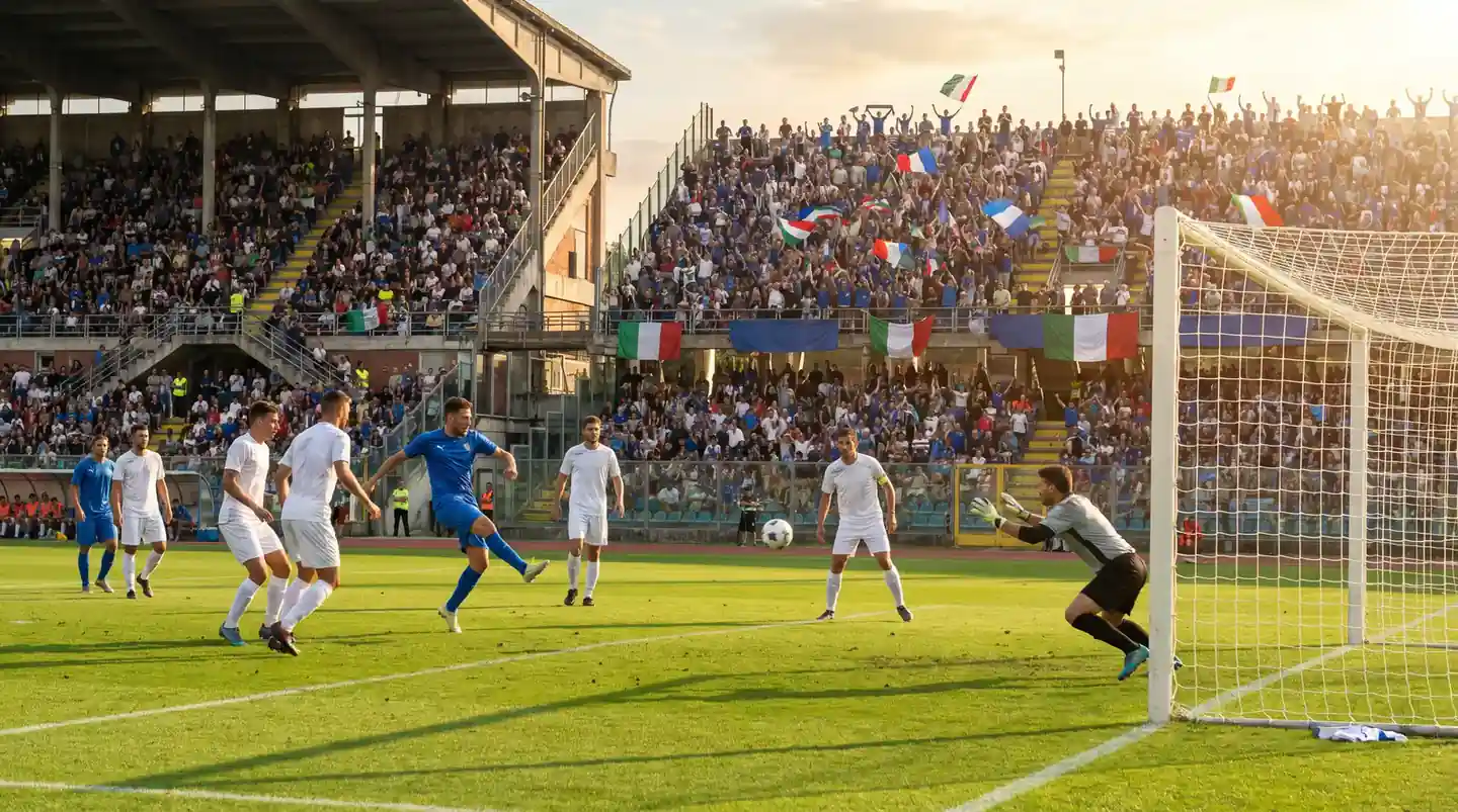 Stadio italiano durante un'azione di attacco con due squadre che cercano il gol
