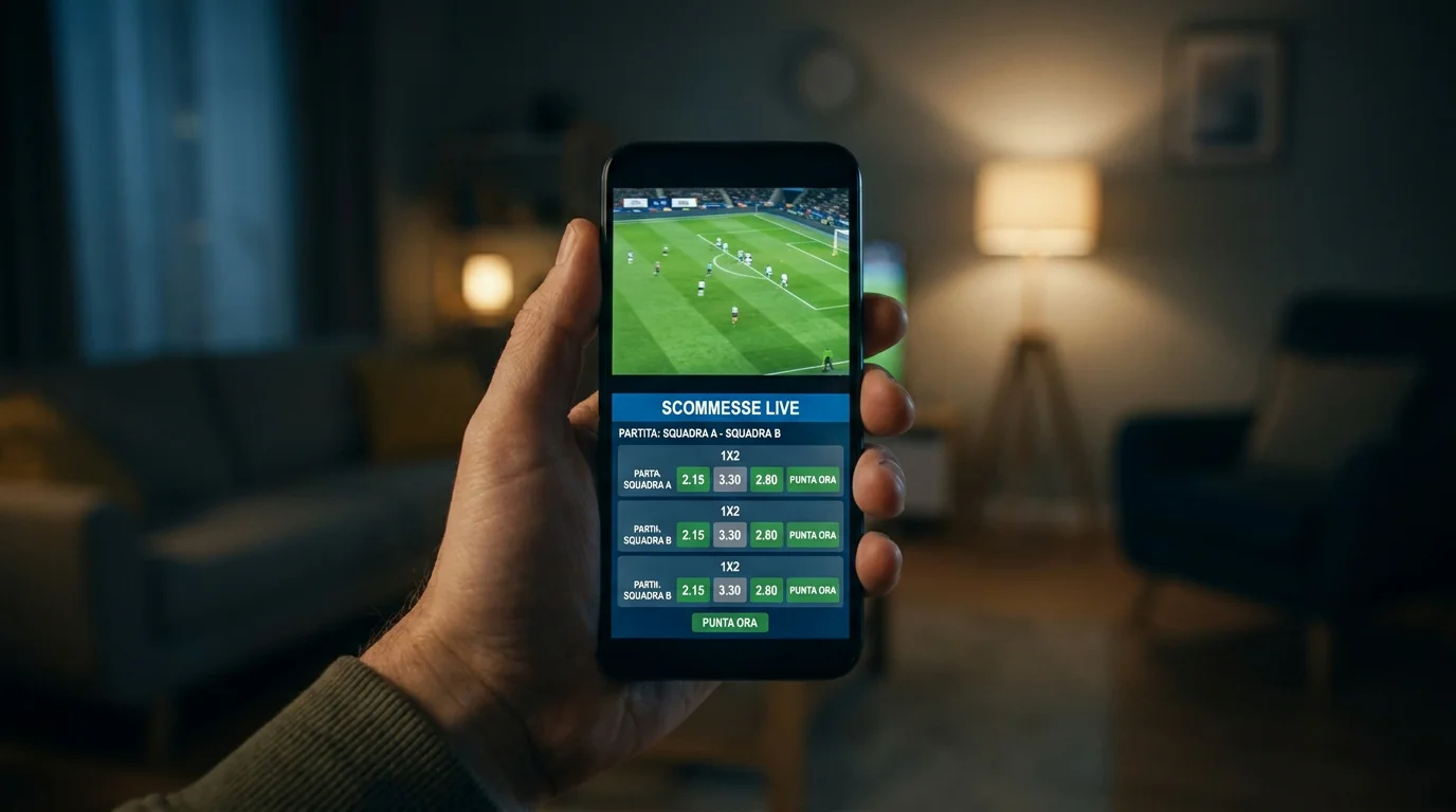 Schermata di un'app di scommesse con streaming integrato di una partita di calcio