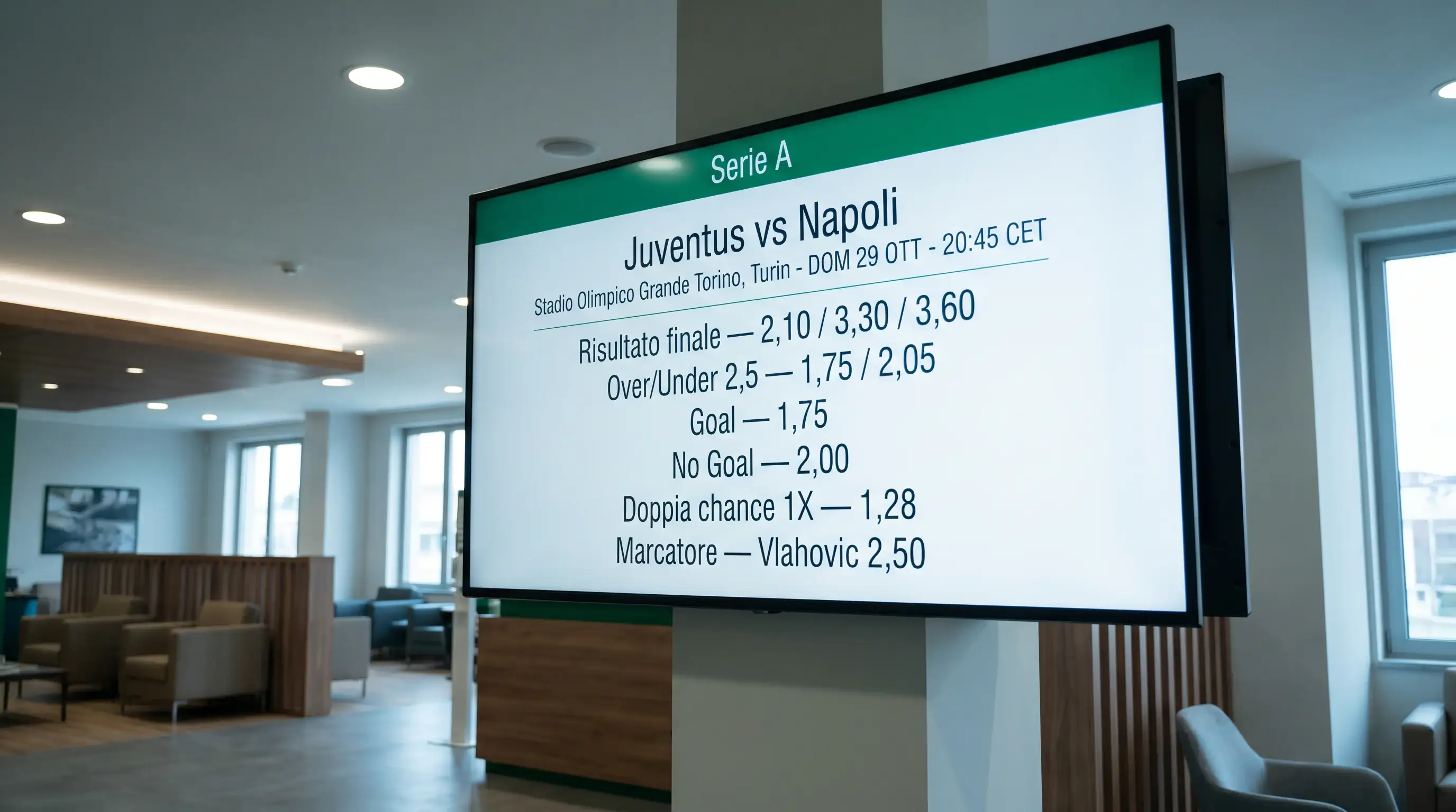 Tabellone con i principali mercati di scommessa disponibili su una partita di Serie A nei bookmaker italiani
