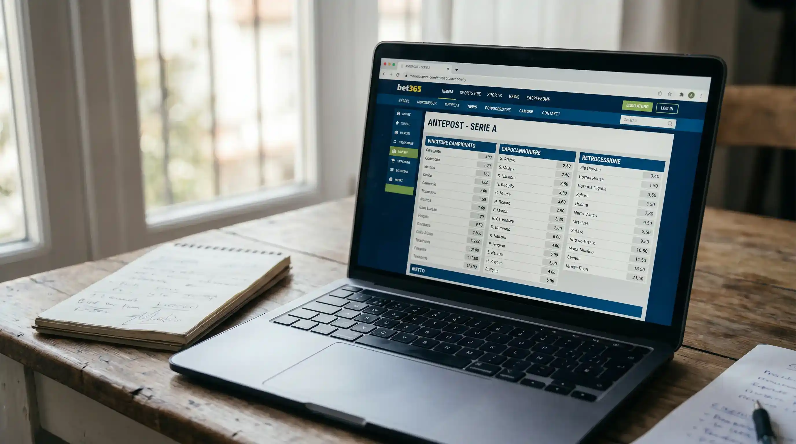 Schermata di un sito di scommesse con vari mercati antepost di calcio