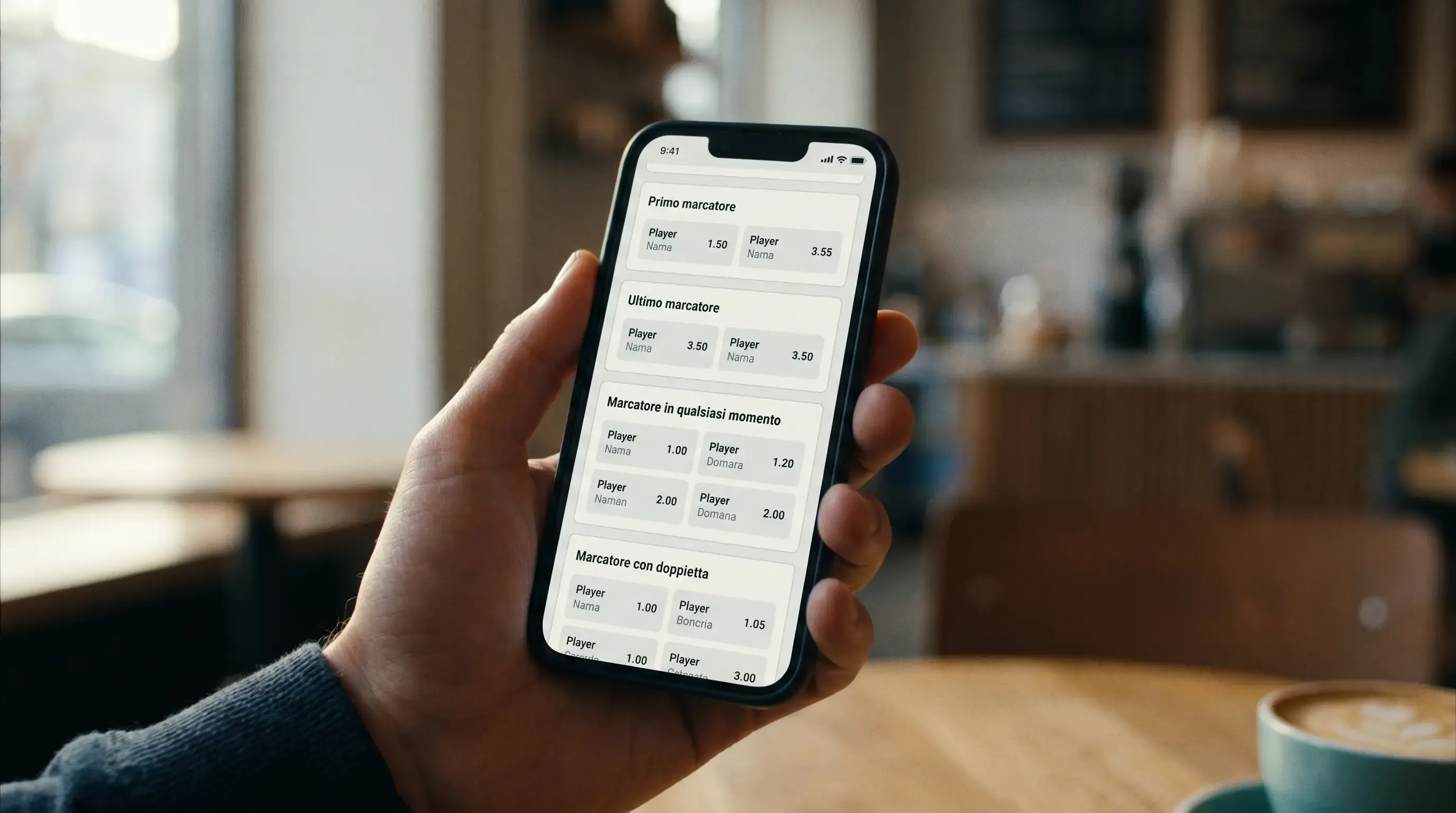 Lista di mercati relativi al marcatore in un'app di scommesse italiana