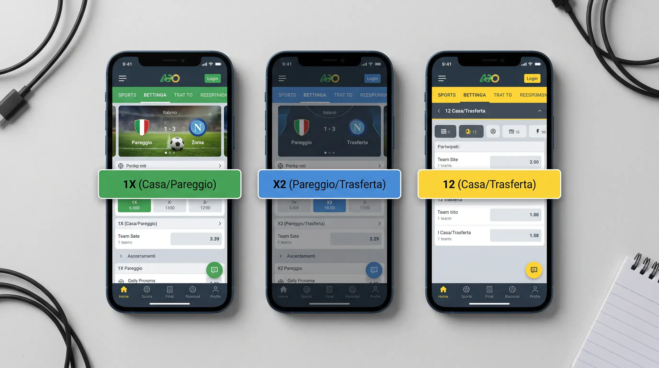 Tre schermate di un'app che mostrano le varianti 1X X2 e 12 della doppia chance