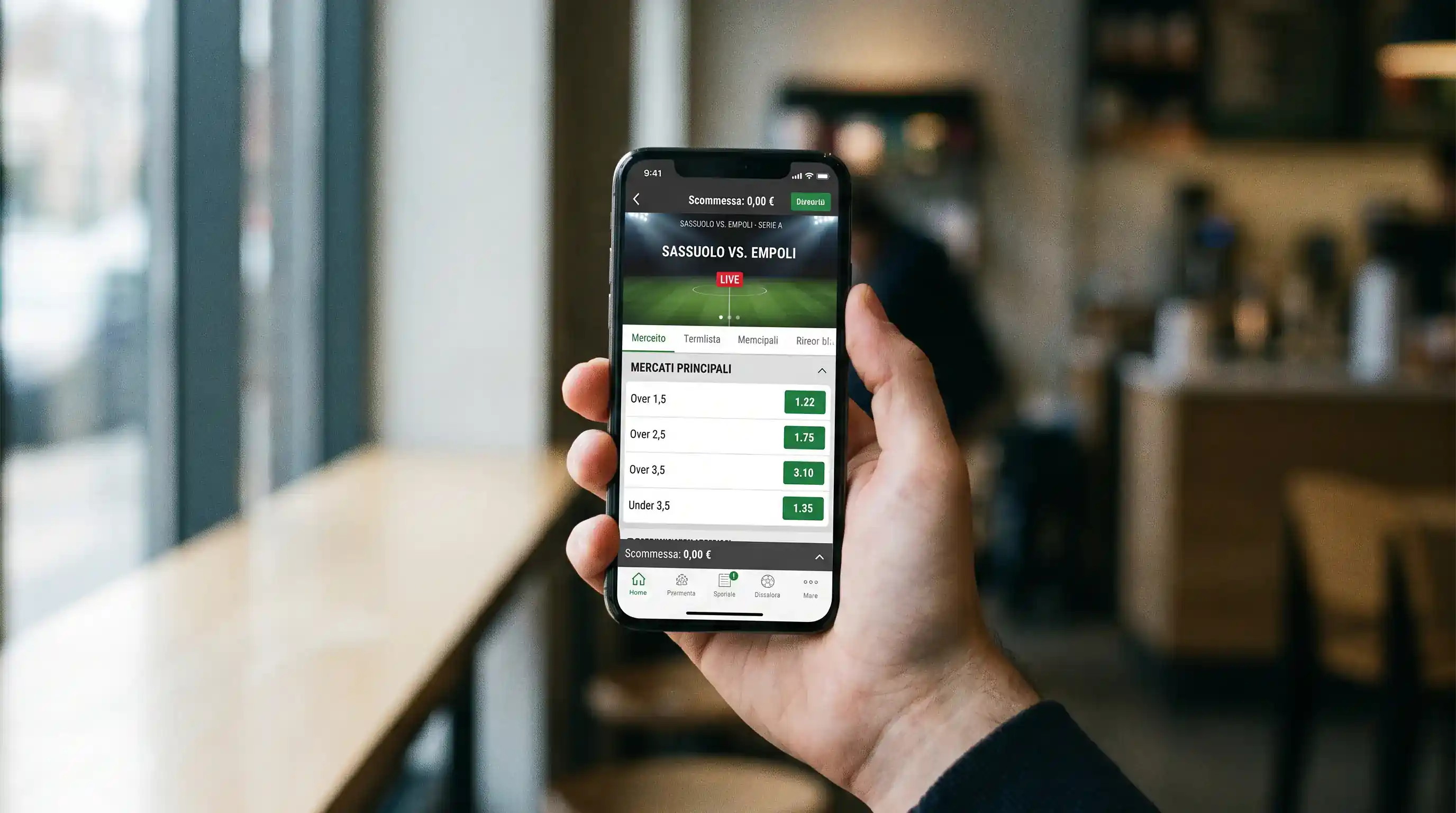 Schermata di un'app con varianti del mercato Over Under su diverse soglie