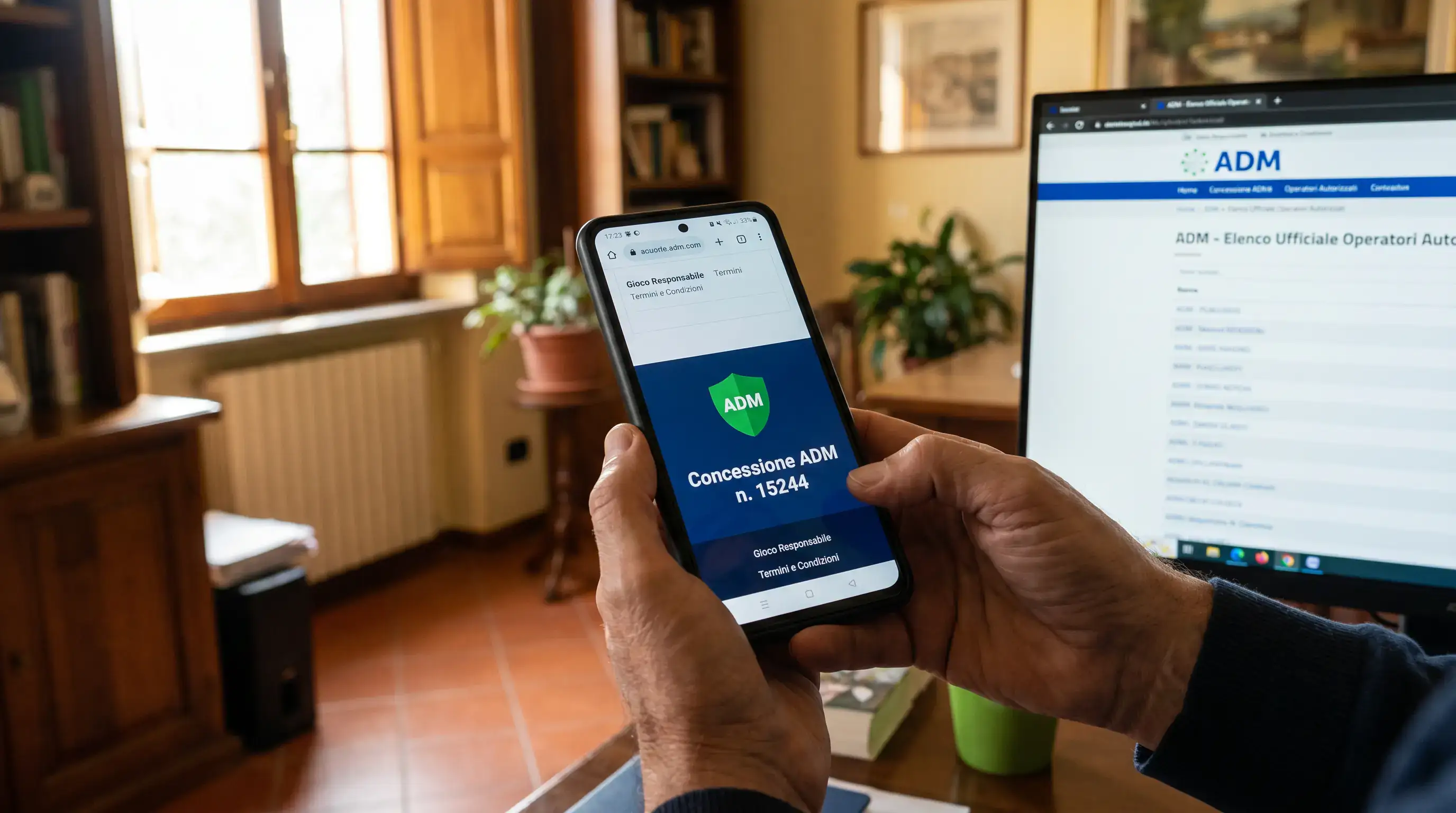 Utente italiano che verifica il numero di concessione ADM nel footer di un sito scommesse dallo smartphone